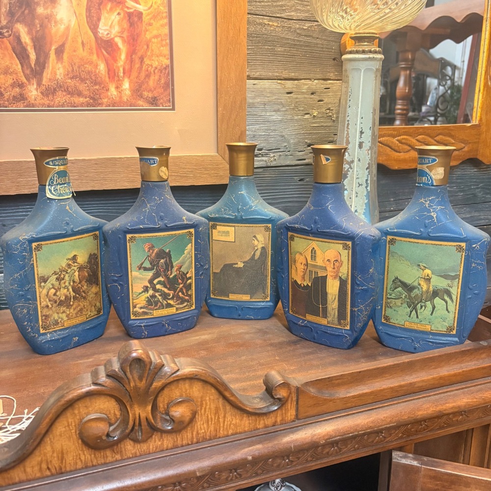 Vintage Jim Beam Choice Blue Glass Decanter Set American Art Series 5 Bottles